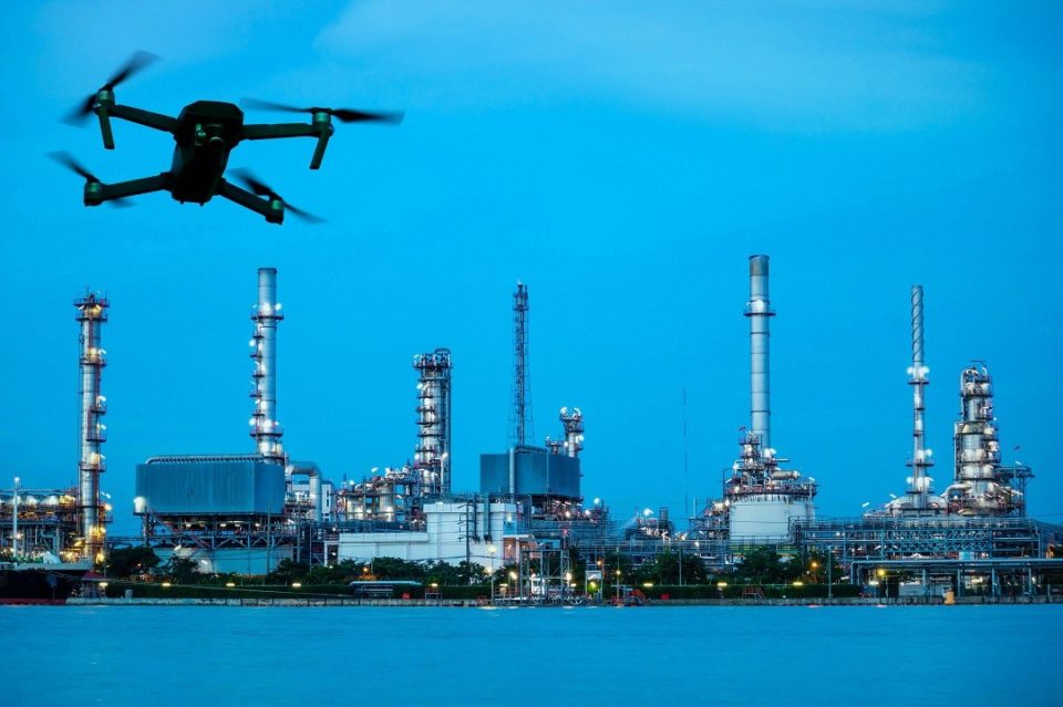Drone working at industrial facility